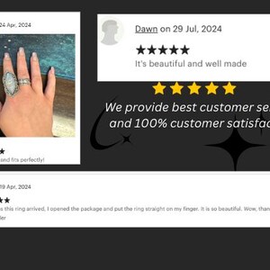 May include: A silver-toned ring featuring an oval-shaped iridescent stone with a decorative filigree setting, displayed alongside customer review text including the phrases It's beautiful and well made, Very pretty and fits perfectly, and We provide best customer service and 100% customer satisfaction.
