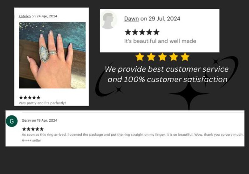 May include: A silver-toned ring featuring an oval-shaped iridescent stone with a decorative filigree setting, displayed alongside customer review text including the phrases It's beautiful and well made, Very pretty and fits perfectly, and We provide best customer service and 100% customer satisfaction.