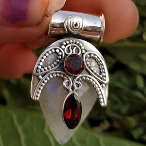 Handmade Sterling Silver Garnet & Rainbow Moonstone Pendant