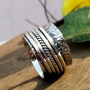 Flower Spinner Ring – 925 Sterling Silver Wide Band Fidget Ring for Meditation & Anxiety Relief