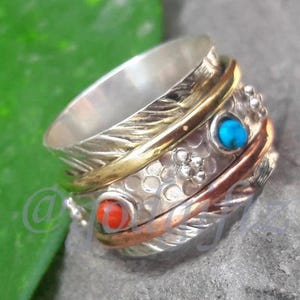 Red Coral Spinner Ring Band | 925 Sterling Silver Ring | Red Coral Gemstone Ring | Turquoise Meditation Spinner Ring |Anxiety Wide Band Ring