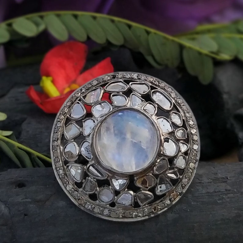 Black Rhodium Ring Diamond Jewelry Vintage Ring Vintage Jewelry AAA Diamond Ring Designer Ring Rainbow Moonstone Ring Round Big Ring