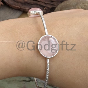 Natural Rose Quartz Bangle Bracelet, 925 Sterling Silver Bangle, Round cabochon Bangle, Hammered Bangle Jewelry, Gemstone Jewelry, Gemstone