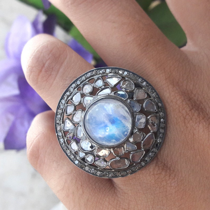 Black Rhodium Ring Diamond Jewelry Vintage Ring Vintage Jewelry AAA Diamond Ring Designer Ring Rainbow Moonstone Ring Round Big Ring