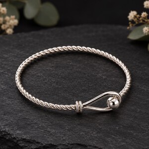 Twisted Rope Bracelet in 925 Sterling Silver, Teardrop Hook and Ball Clasp Bangle, Minimalist Handmade Jewelry Gift for Her