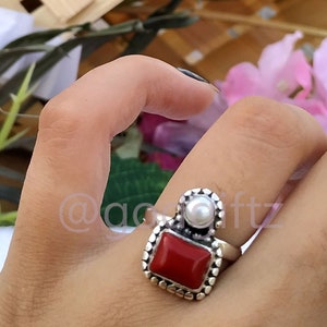 Pearl & Red Coral Ring: Handmade 925 Sterling Silver Ethnic Jewelry