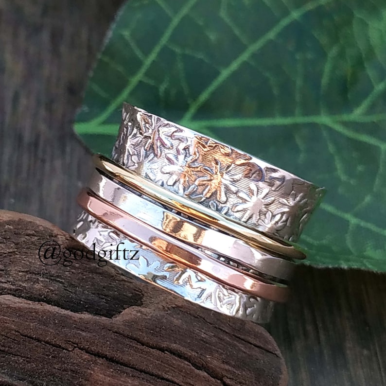 Flower Texture Ring Worry Band Ring Three Band Spinner Ring 925 Sterling Silver Jewelry Thumb Spinner Ring Gift Silver Spinner Ring