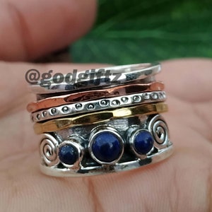 925 Sterling Silver Ring Blue Lapis Lazuli Gemstone Ring for Women Three Tone Band Spinner Ring Meditation Ring - Fidget Ring - Boho Ring