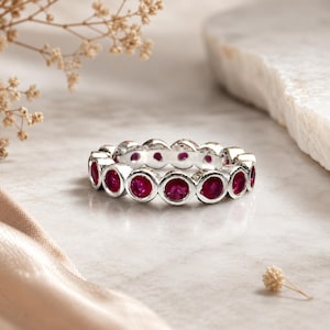 Handmade Ruby Eternity Ring | 925 Sterling Silver Full Eternity Band | Bezel Set Pink Ruby Wedding Band | Stackable Ring | Gift for Her