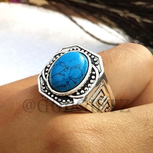 Turquoise Men Silver Ring | Men's Ring | Turquoise Men Silver Ring | Oval Gemstone Ring | Turkish Handmade Ring | 925 Sterling Silver Ring