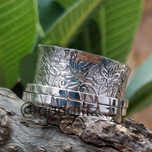 Carved Texture Spinner Ring, 925 Sterling Silver Ring, Handmade Ring for Women, Spinner Ring, Silver Band Ring, Handmade 2 Band Ring