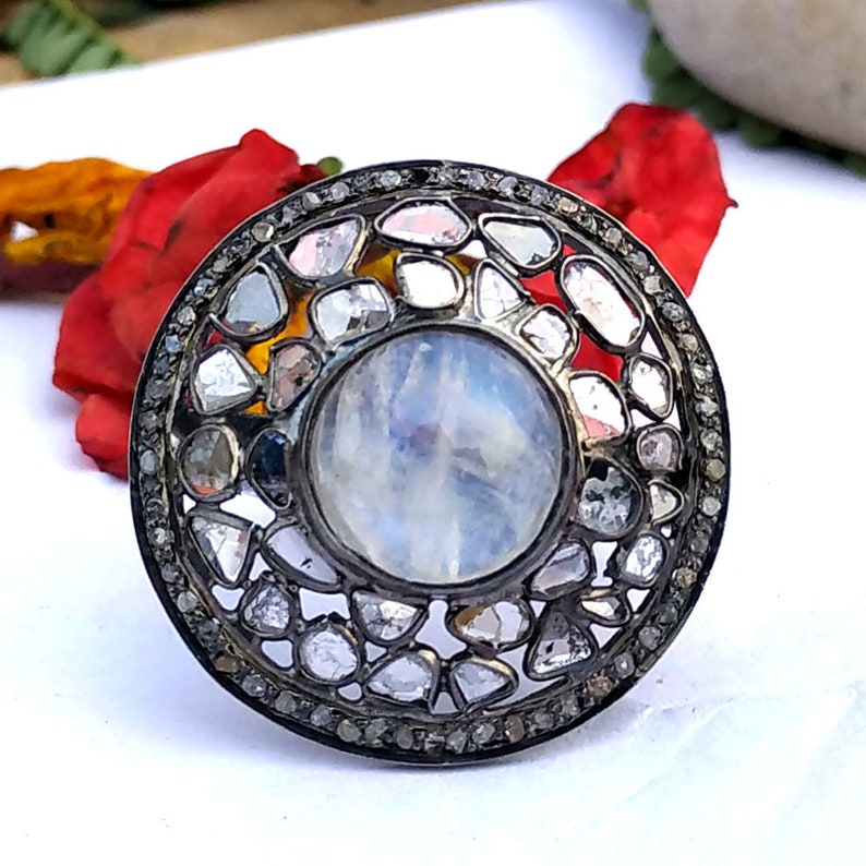Black Rhodium Ring Diamond Jewelry Vintage Ring Vintage Jewelry AAA Diamond Ring Designer Ring Rainbow Moonstone Ring Round Big Ring