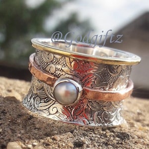 Pearl Spinner Ring | Round Pearl Band Ring | Silver Spinner Ring | 925 Sterling Silver Ring | Texture Spinner Ring |Fidget Band Spinner Ring