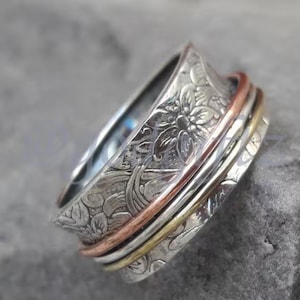 Handmade Spinner Ring | Three Tone Thumb Ring | Anxiety & Meditation Jewelry | Stunning Spinning Ring | Silver Ring Band | Gift For Her |