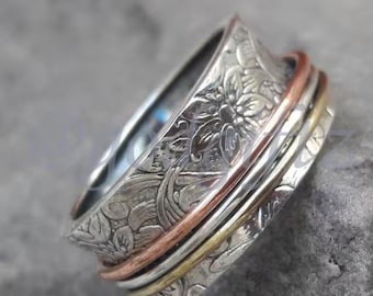 Handmade Sterling Silver Spinner Ring: Three-Tone Anxiety Jewelry