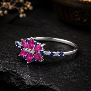 Ruby & Blue Sapphire Flower Ring, 925 Sterling Silver Floral Ring, Marquise Gemstone Ring, Handmade Promise Ring, Gift for Her
