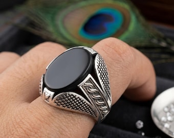 Men's Black Tourmaline Signet Ring | Sterling Silver Gemstone Jewelry