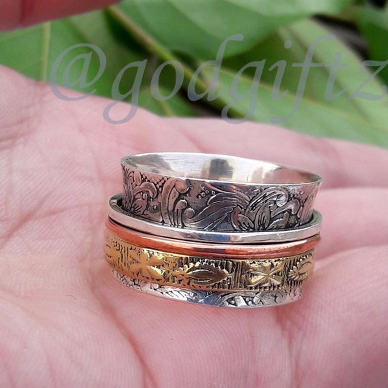 Anxiety Ring Fidget Ring Spinning Ring Christmas Ring Three Tone Ring Handmade Jewelry Meditation Ring Thumb Ring AAA Spinner Ring