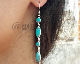 Handmade Sterling Silver Turquoise Dangle Earrings: Pear Marquise Stone