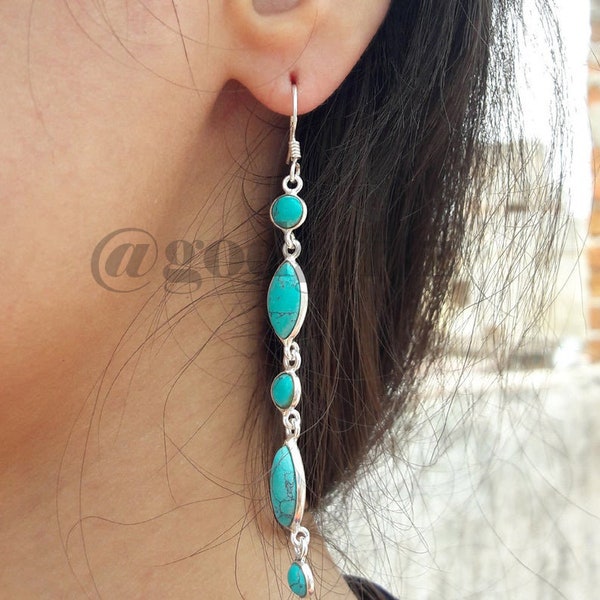 Turquoise Gemstone Earring - Handmade Design Silver Earring - Pear Shape Stone Earring - Daughter Birthday Gift Earring - Anniversary-Gift