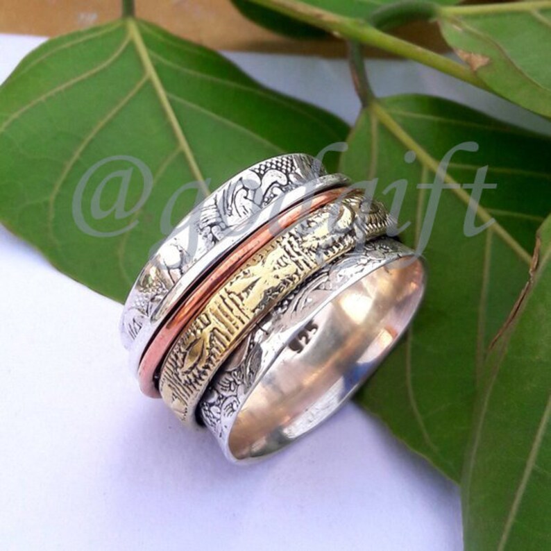 Anxiety Ring Fidget Ring Spinning Ring Christmas Ring Three Tone Ring Handmade Jewelry Meditation Ring Thumb Ring AAA Spinner Ring