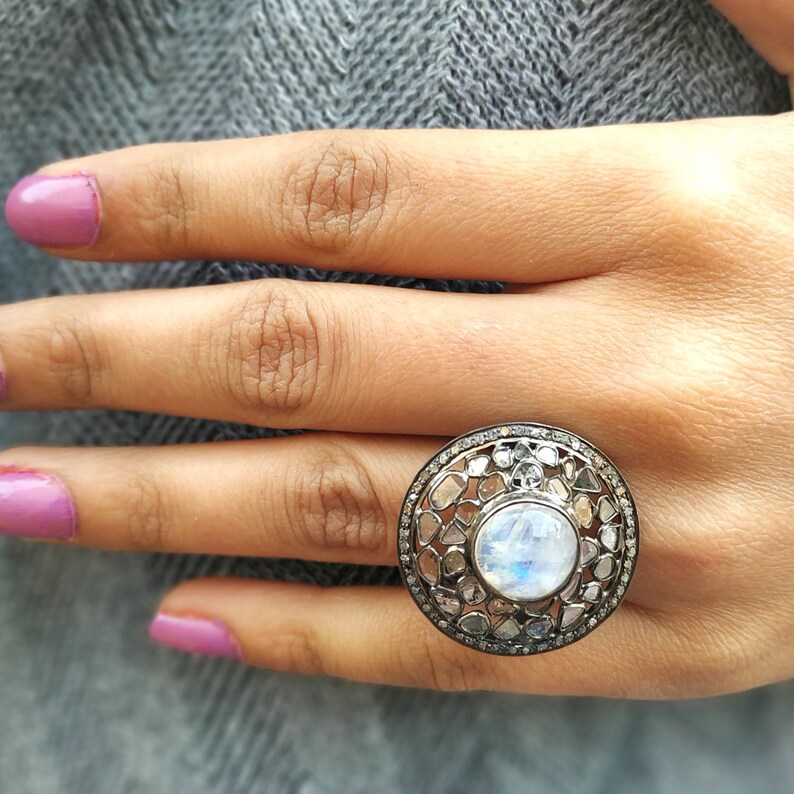 Black Rhodium Ring Diamond Jewelry Vintage Ring Vintage Jewelry AAA Diamond Ring Designer Ring Rainbow Moonstone Ring Round Big Ring