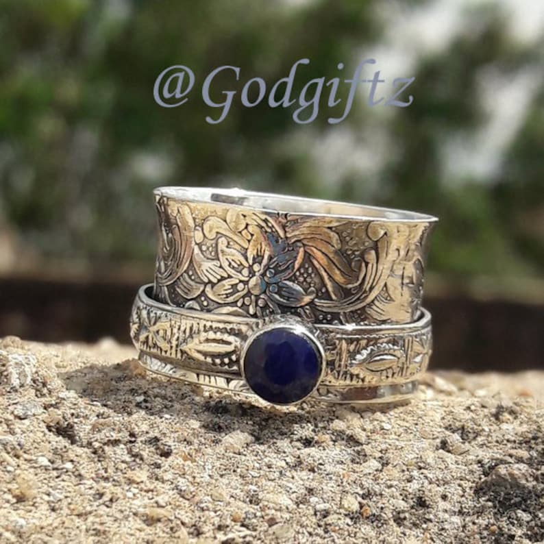 Blue Sapphire Gemstone Ring Silver Ring Silver Jewelry Handmade Ring Thumb Ring Spinner Ring Meditation Ring Fidget Ring Sapphire Jewelry