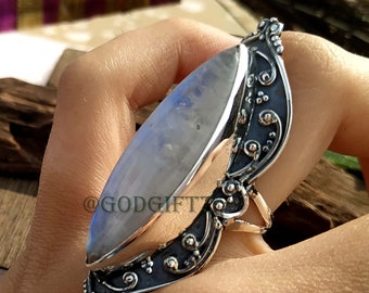 Sterling Silver Rainbow Moonstone Ring: Handmade Boho Jewelry
