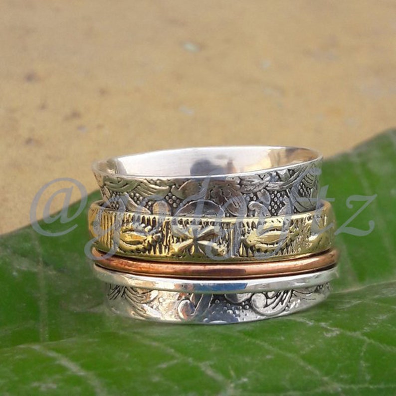 Anxiety Ring Fidget Ring Spinning Ring Christmas Ring Three Tone Ring Handmade Jewelry Meditation Ring Thumb Ring AAA Spinner Ring