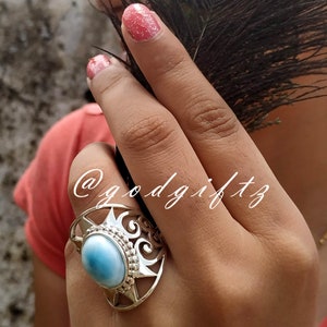 Dominican Larimar Gemstone Ring - Ellipse Ring - Silver Birthstone Ring - Pectolite Ring - Designer Ring - 925 Sterling Silver Jewelry