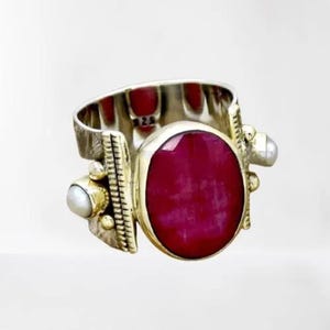 Luxury Indian Ruby & Pearl Ring – Wide Band with Floral Texture, Perfect Gift for Her