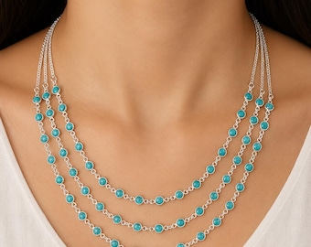 Blue Turquoise Layered Bezel Necklace: Sterling Silver Boho Gemstone Jewelry