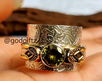 Anillo giratorio de peridoto, plata de ley 925, anillo de piedras preciosas, anillo de mujer, regalo para ella, anillo hecho a mano, anillo giratorio único, anillos redondos de peridoto