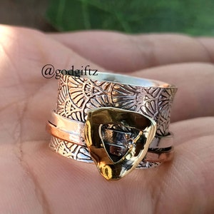 Hammered Spinner Ring, Mixed Metal Spinner ring, 2 tone sterling silver spinning ring, meditation ring, 925 sterling silver ring fidget ring