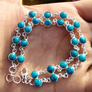 Blue Turquoise Gemstone Bracelet - 925 Sterling Silver Bracelet - Adjustable Bracelet Jewelry - Handmade Bracelet - Hammered Bracelet - Gift