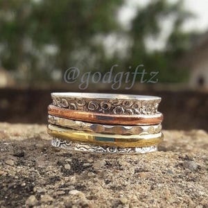 Sterling Silver Spinner Ring: Three Tone Fidget Jewelry, Meditation Band
