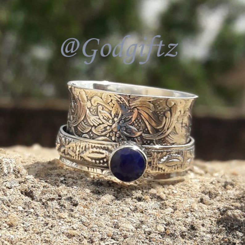 Blue Sapphire Gemstone Ring Silver Ring Silver Jewelry Handmade Ring Thumb Ring Spinner Ring Meditation Ring Fidget Ring Sapphire Jewelry