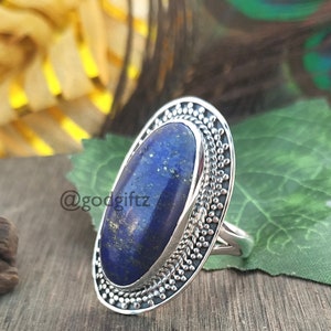 Lapis Lazuli Ring | 925 Sterling Silver Big Oval Lapis Full Fingered Ring | Lapis Lazuli Gemstone Handmade Ring | Birthstone Ring For Her