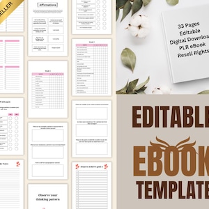 Peut inclure: Un modèle de livre numérique téléchargeable avec 33 pages modifiables. Les pages comprennent des affirmations, des listes de contrôle et des questionnaires de soins personnels. La couverture du livre numérique est blanche avec le texte "33 Pages Editable Digital Download PLR eBook Resell Rights."
