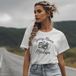 Trendy Boho Women&#39;s White Tee Mockup | Bella Canvas 3001 | stylish model mockup | Casual Mockup | Your Design Here | Mockup Shirt Designs