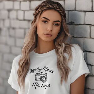 Trendy Boho Women&#39;s White Tee Mockup | Bella Canvas 3001 | stylish model mockup | Casual Mockup | Your Design Here | Mockup Shirt Designs