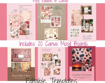 20 bearbeitbares Brand Mood Board Canva-Vorlage: Weiches feminines Mood Board für Canva Digital Designs