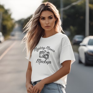 Trendy Boho Women&#39;s White Tee Mockup | Bella Canvas 3001 | stylish model mockup | Casual Mockup | Your Design Here | Mockup Shirt Designs