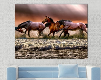 Wild Horses Ocean Beach Framed Canvas Wall Art