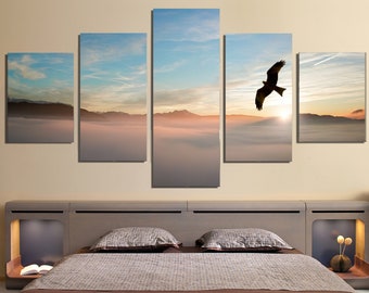 Arte mural en lienzo de pájaros: Paisaje del amanecer, impresión de 5 paneles