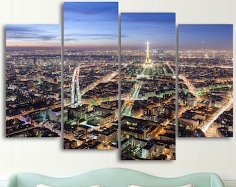 Paris Night Skyline Canvas Wall Art: Eiffel Tower Cityscape