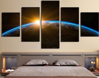 Planet Earth Sunrise Canvas Wall Art: Multi Panel Space Decor