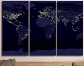 Earth At Night Canvas Wall Art: 3-Piece World Map Print