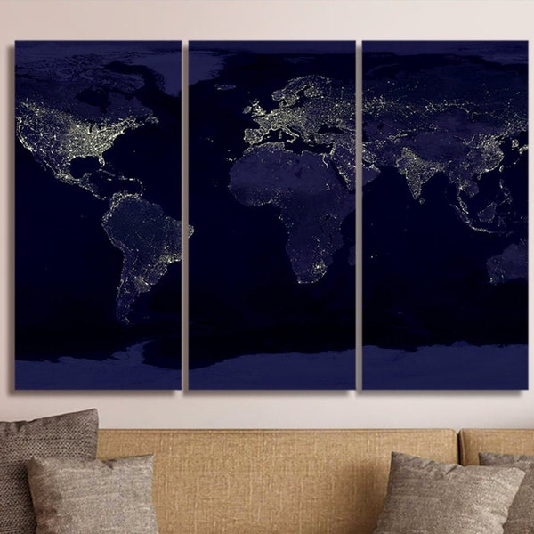 World Earth At Night 3 Piece Canvas Wall Art Map Images Pictures Wallpaper Mural Decoration Artwork Poster Photos Decor Print Gifts Painting