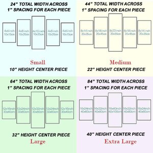 May include: A chart showing different sizes of canvas prints with the total width across, height of the center piece, and dimensions of each individual piece in inches and centimeters. The sizes are labeled as Small, Medium, Large, and Extra Large.
